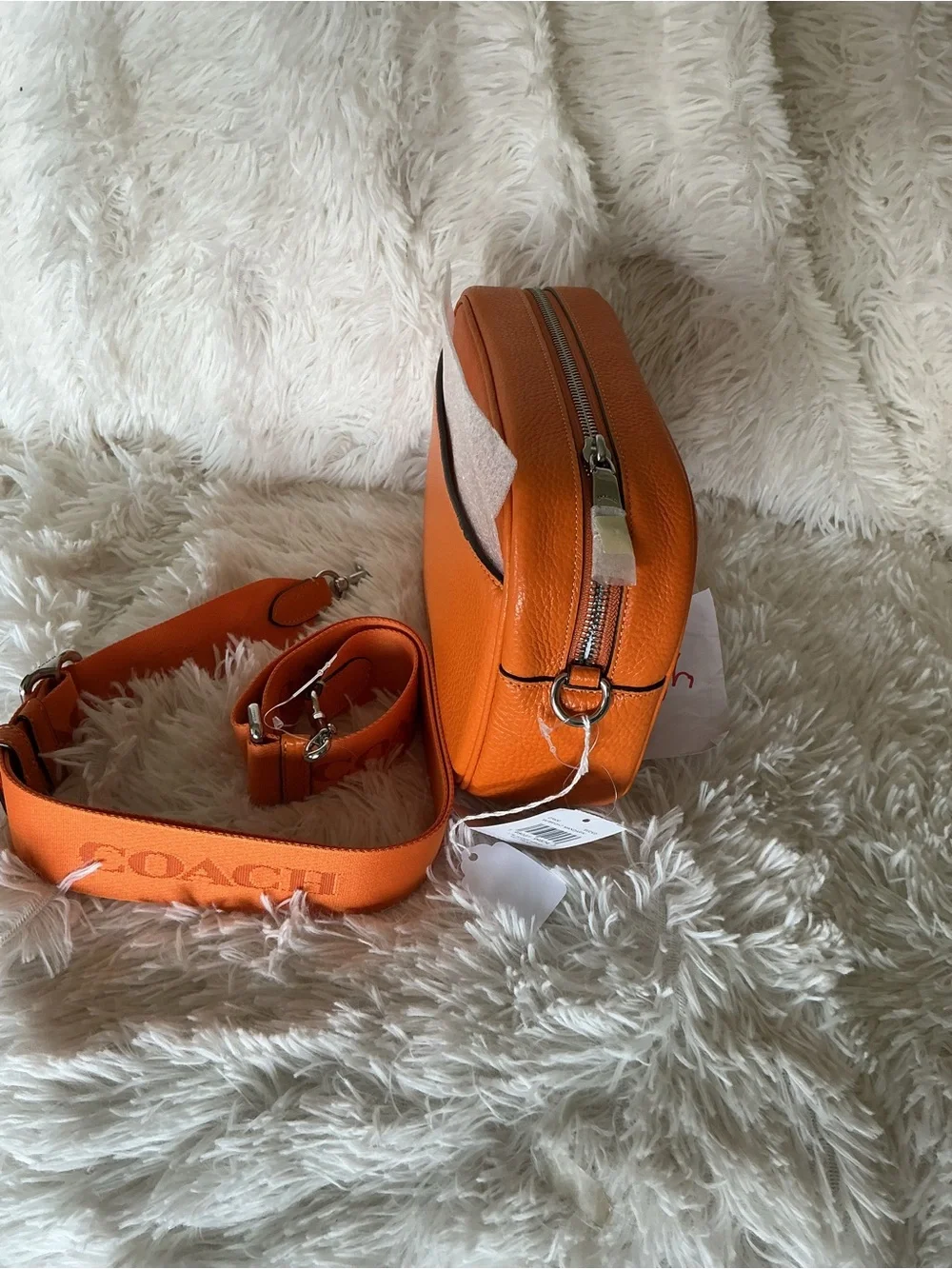 Coach Pebbled Leather Crossbody Camera Bag in Orange with Branded Strap